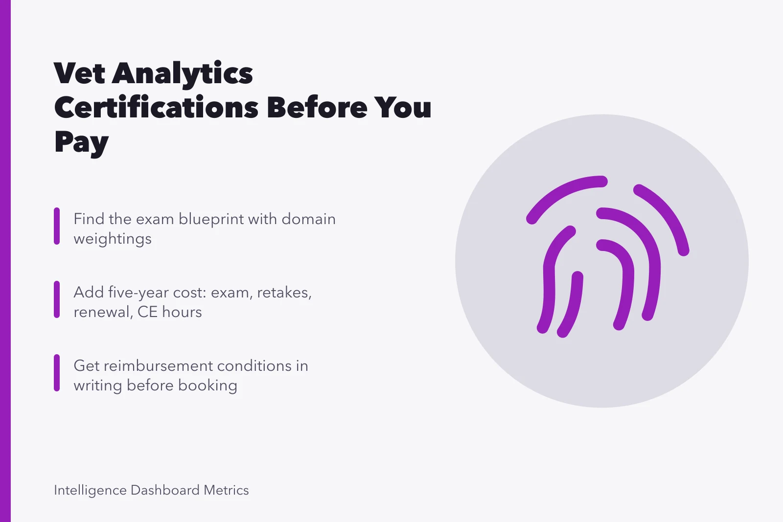Checklist card for vetting analytics certification costs, blueprints, and renewal terms. How to check an analytics certification before committing budget