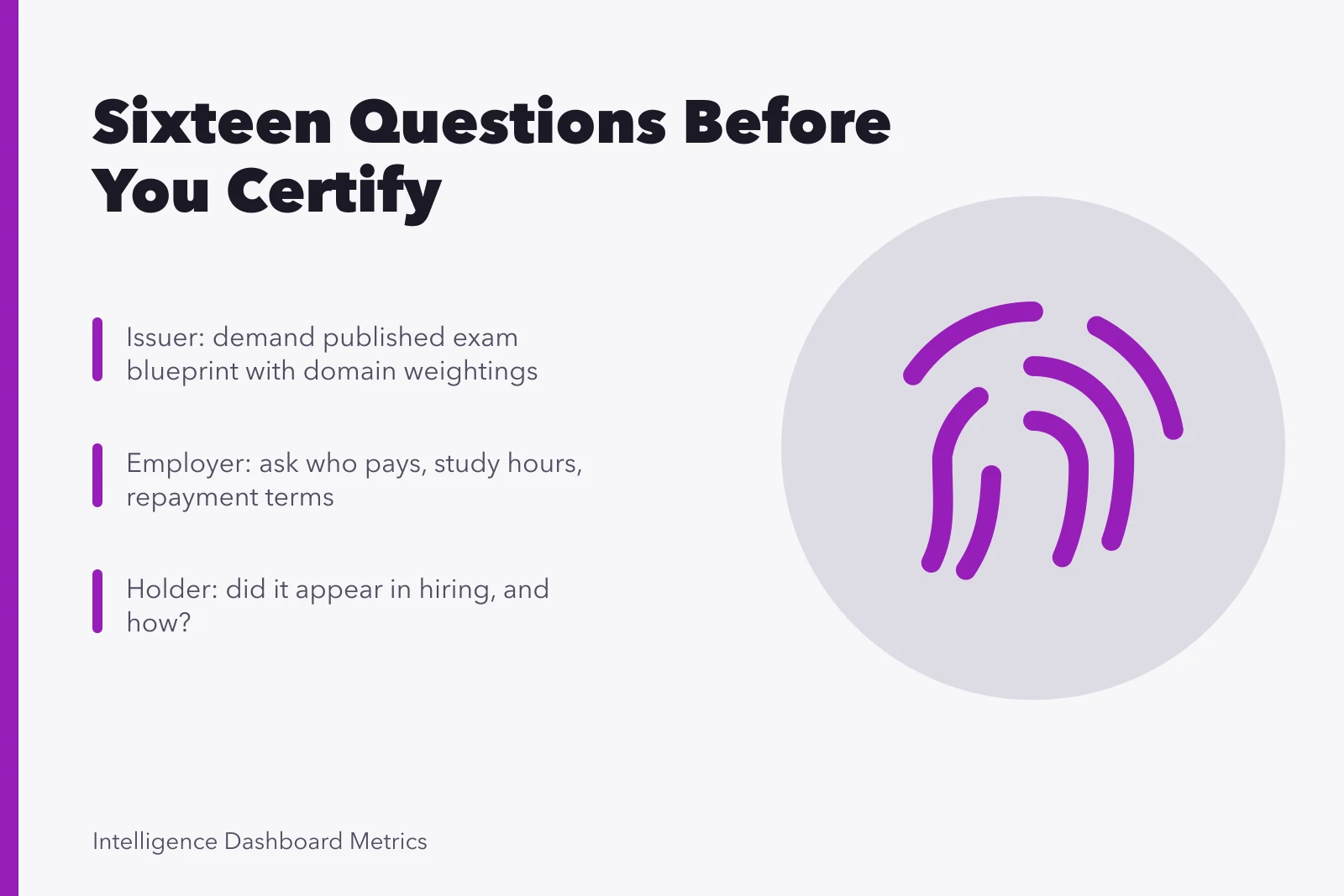 Checklist of sixteen questions for vetting an analytics certification. Who should answer your analytics certification questions, and in what order?