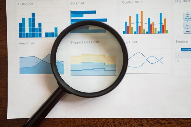 A magnifying glass focuses on various business charts and graphs on paper. Analytics foundations questions: what to know and why