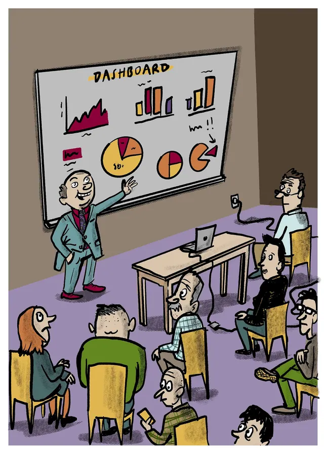 This illustration from the book Sappelen by Mark Ramen depicts a manager swooning over a dashboard while other employees listen reluctantly. Business intelligence mistakes that can derail your plans