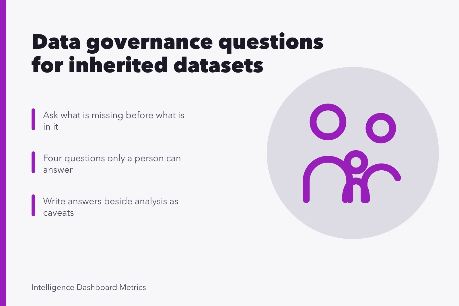 Data governance checklist card with lineage icon for inherited dataset questions. Data governance questions beyond the obvious, updated for 2027