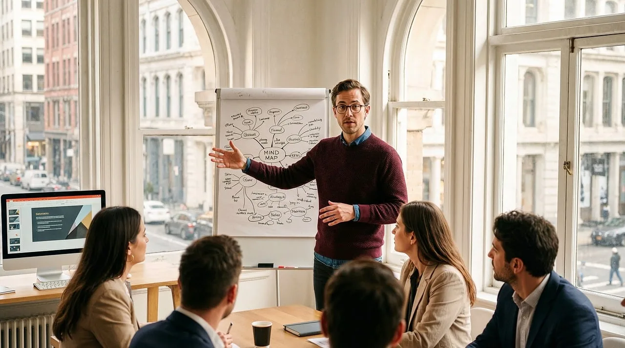 presentation, workshop, strategy, leadership, business, meeting, flipchart, planning, professional, office, brainstorming, teamwork, communication, diagram, explanation, startup, corporate, training, collaboration, career, ai generated. A working guide to building a forecasting framework, not a spreadsheet