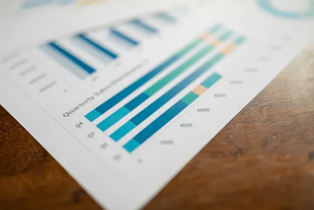Close-up of a quarterly sales report showing bar charts on paper. A working guide to building a forecasting framework, not a spreadsheet