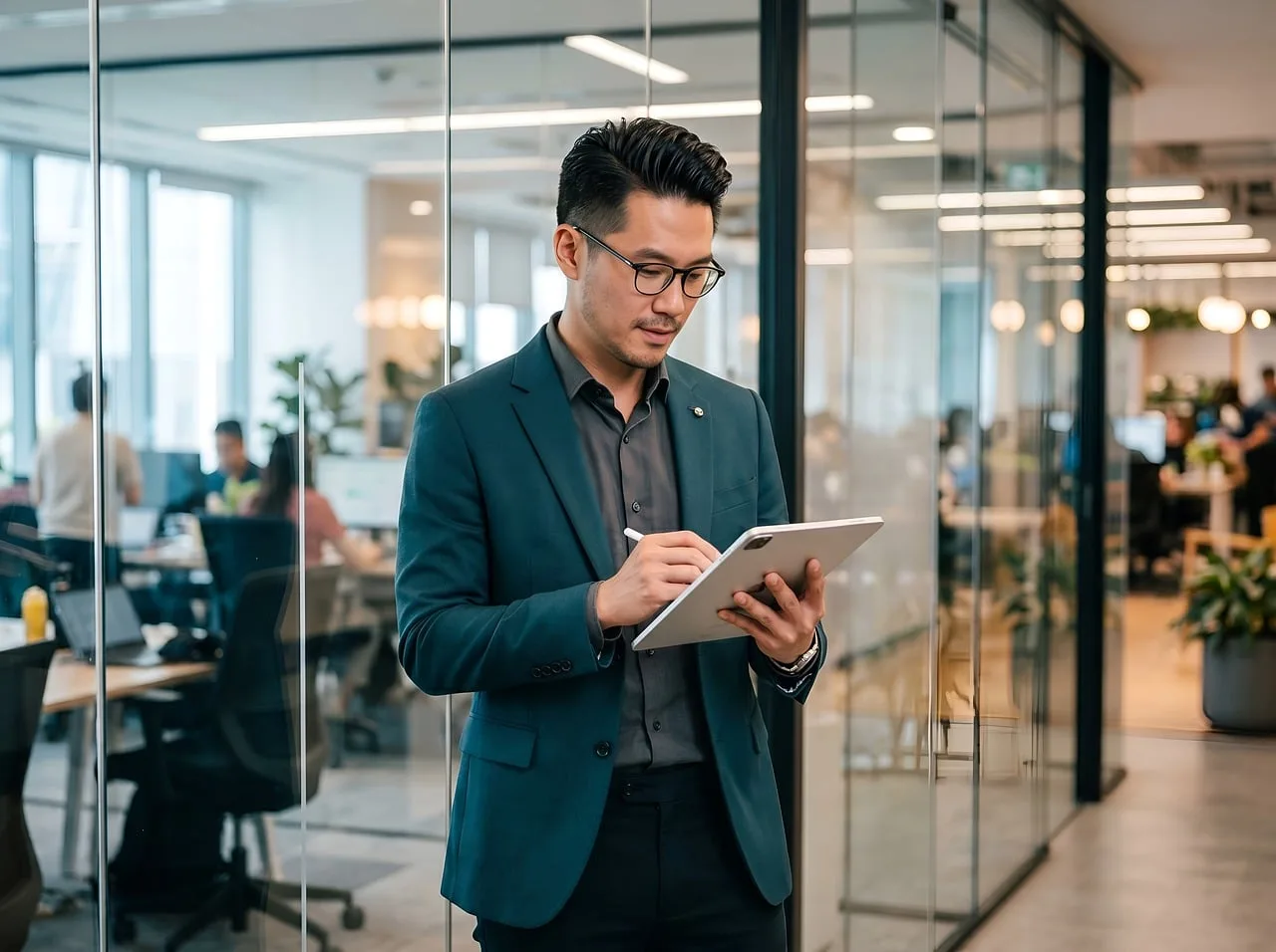 businessman, tablet stylus, notes, glasses, office, glass walls, professional, expression, technology, notebook, analyst, writing, natural light, coworking, indoor, device, interior, suit, watch, working. Self-service BI adoption challenges after the first quarter